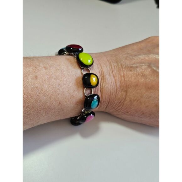 Silver tone black colorful glass bracelet - Picture 3 of 10